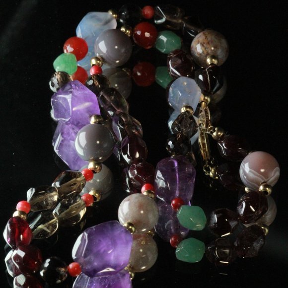 14K GOLD AMETHYST GARNET QUARTZ CHALCEDONY NECKLACE - Picture 11 of 14